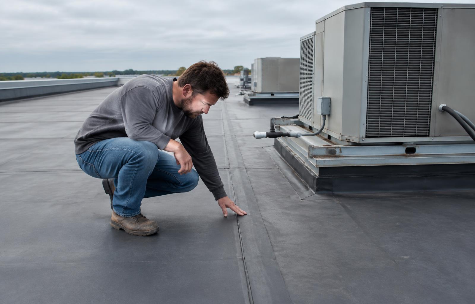 Technician inspecting a seam on a flat commercial roof near HVAC units in Lafayette, Louisiana