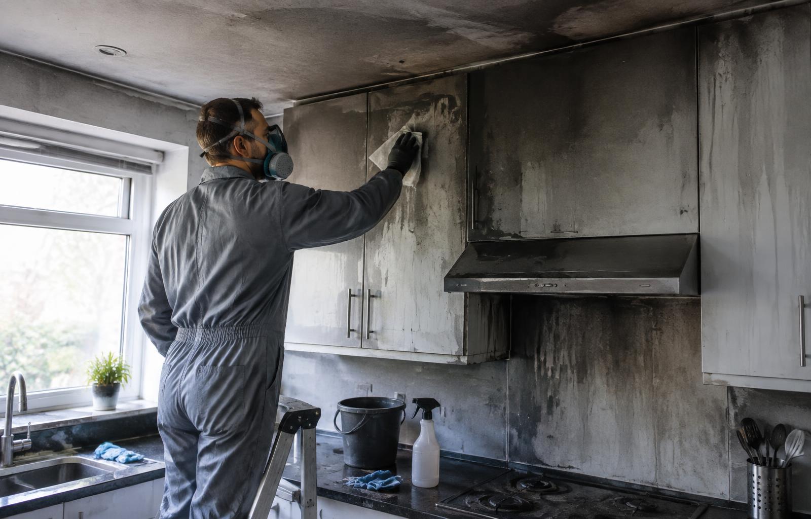 Technician in a respirator cleaning soot from kitchen cabinets after a fire in a Lafayette, Louisiana home
