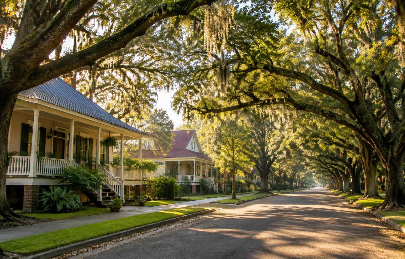 Oak-lined residential street with raised Acadian-style homes in South Louisiana