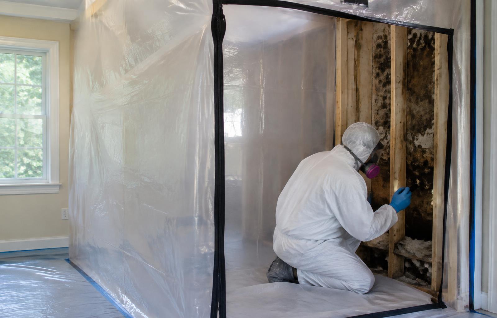 Mold remediation technician working inside plastic containment on an opened wall in a Lafayette, Louisiana home