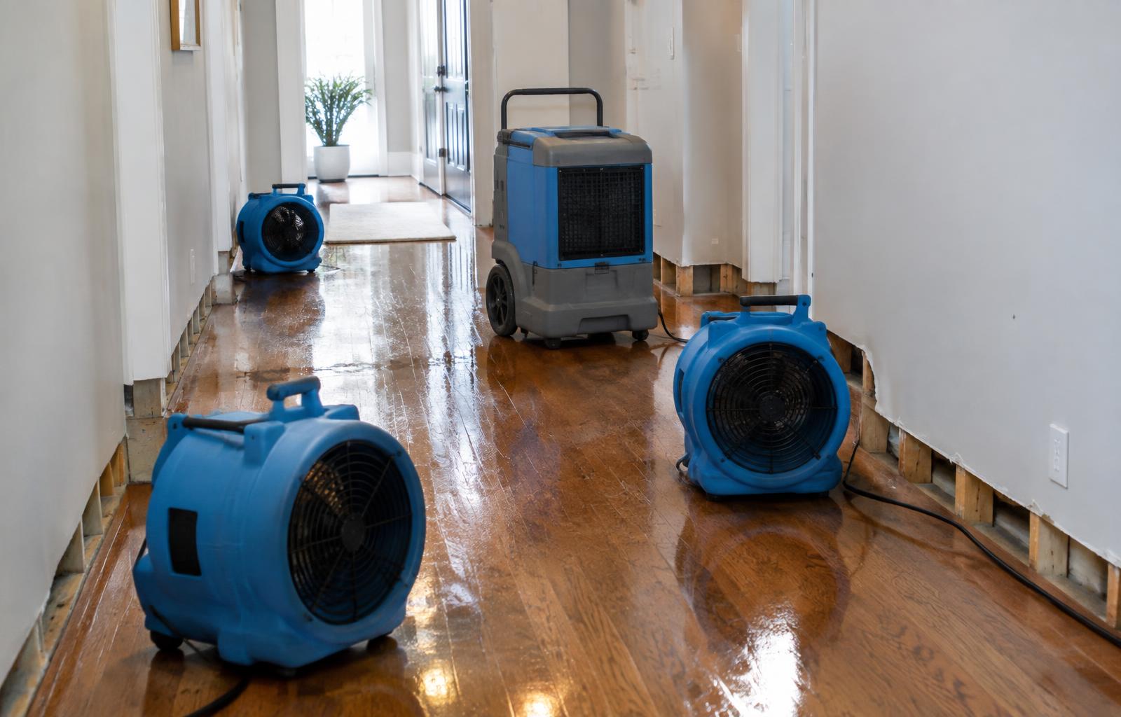 Air movers and a dehumidifier drying a wet hardwood hallway during water mitigation in Lafayette, Louisiana